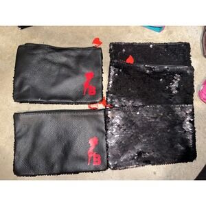 Ipsy Betty Boop Black Sequin Faux‎ Leather Makeup Bags Red Heart Zipper Pouches